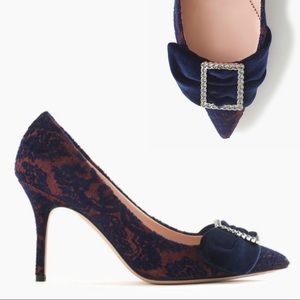 J. CREW NWOT Navy Maroon Velvet Brocade Rhinestone Buckle Bow Elsie Pumps Heels